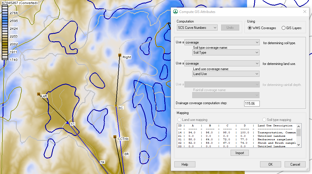 Land use and soil data defined for SCS Curve Numbers in the Compute GIS Attributes dialog