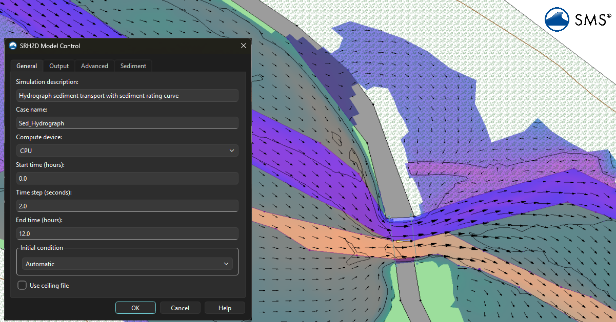 SRH-2D project in SMS showing the Model Control