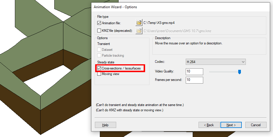 Example of the setting up a cross section animation in GMS