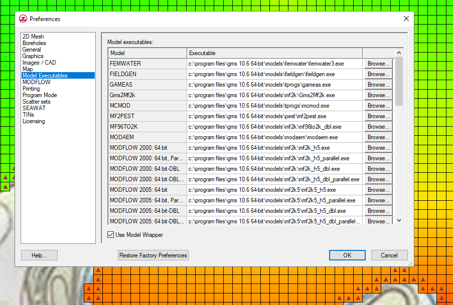 Example of model executables in the Preferences dialog