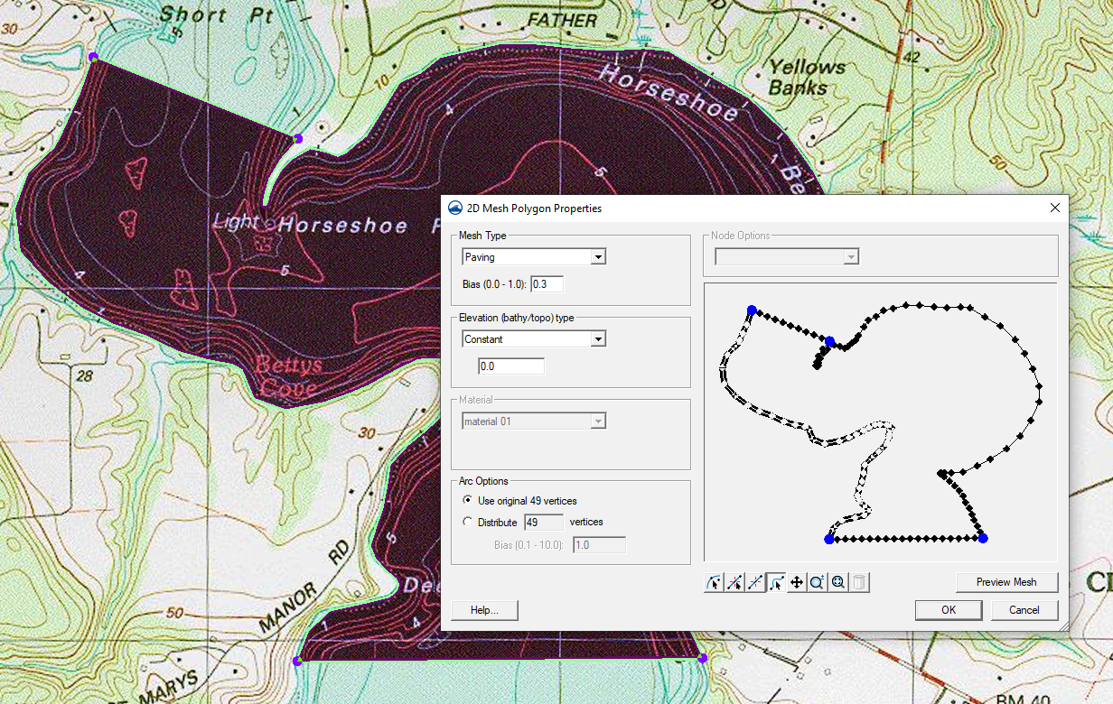 Example of redistributing vertices with the 2D Mesh Polygon Properties dialog in SMS