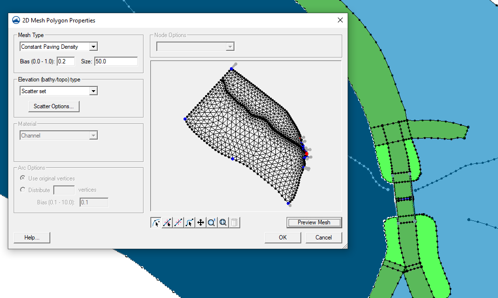 Example of the 2D Mesh Polygon Properties dialog being used for UGrid or mesh generation