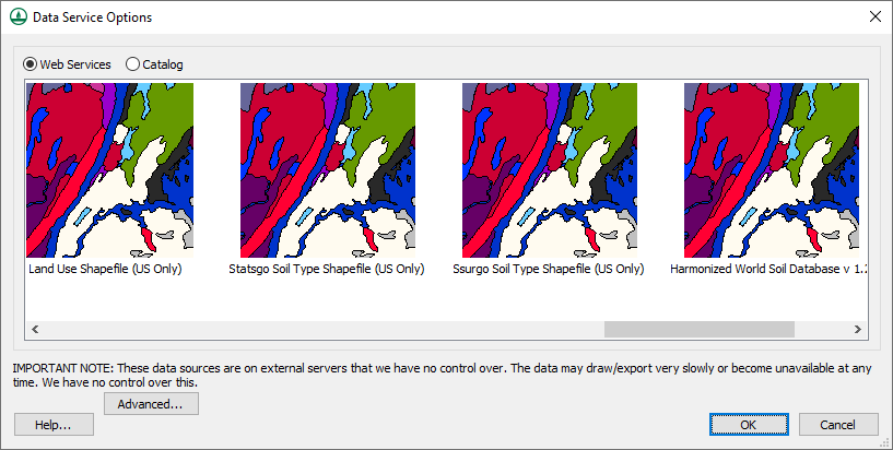 Data Service Options dialog showing land use and soil type options