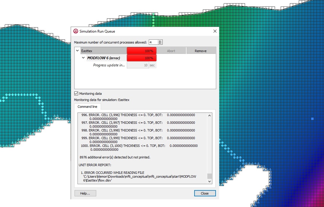 Example an error in the MODFLOW 6 simulation in the simulation Run Queue