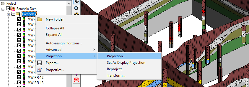 Setting projections for a borehole projection