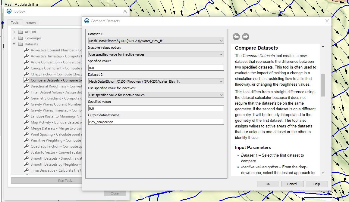 Example Compare Dataset Tool in the Toolbox for SMS 13.2