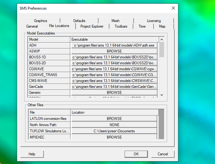 File locations tab in the Preferences dialog