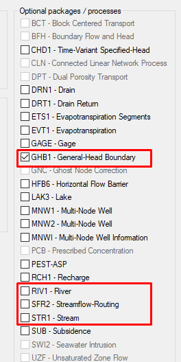 Example of MODFLOW head boundary packages available