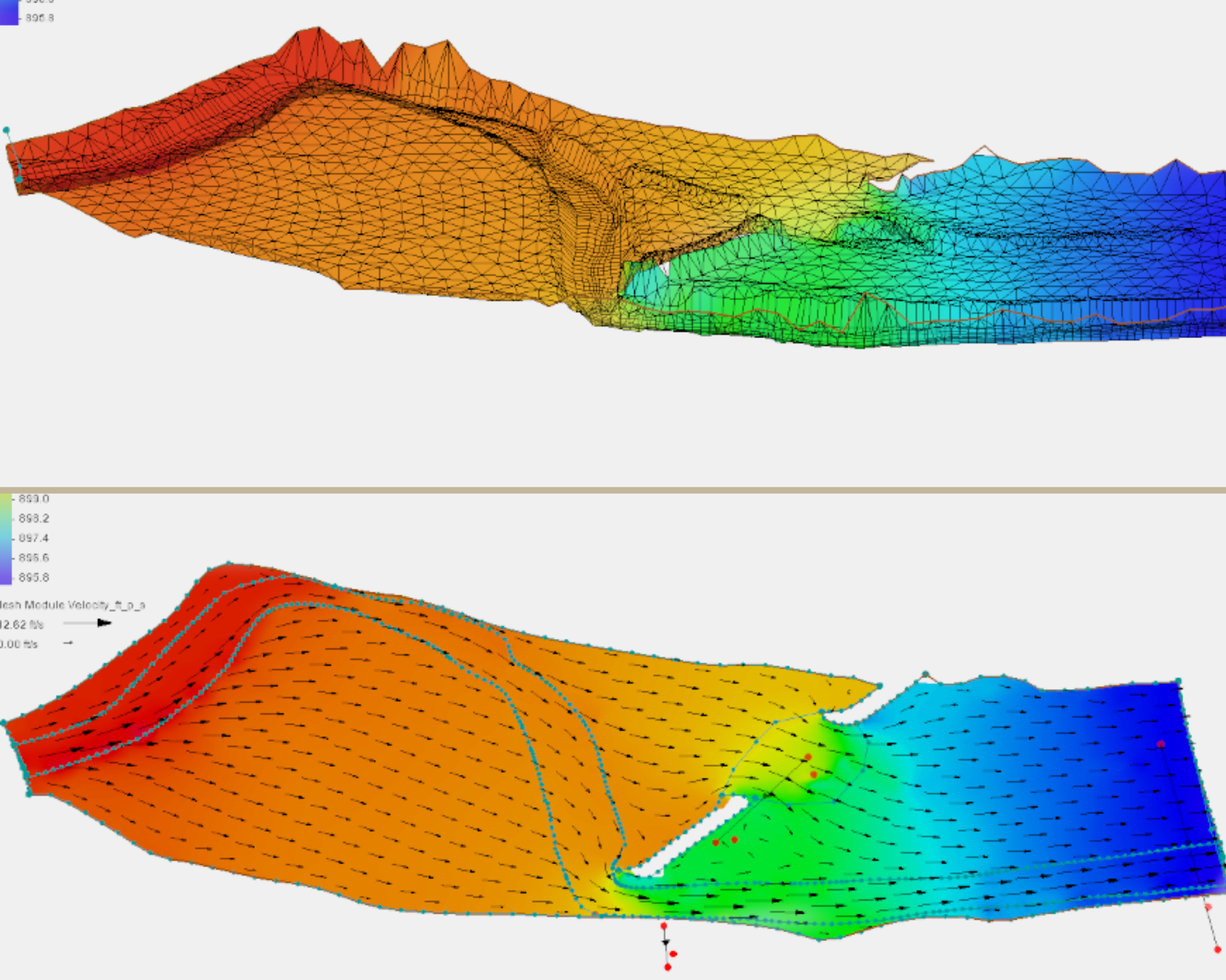 Example of scouring within an SRH-2D sediment transport model. The image on top shows the scour and the lower image it has been fixed.