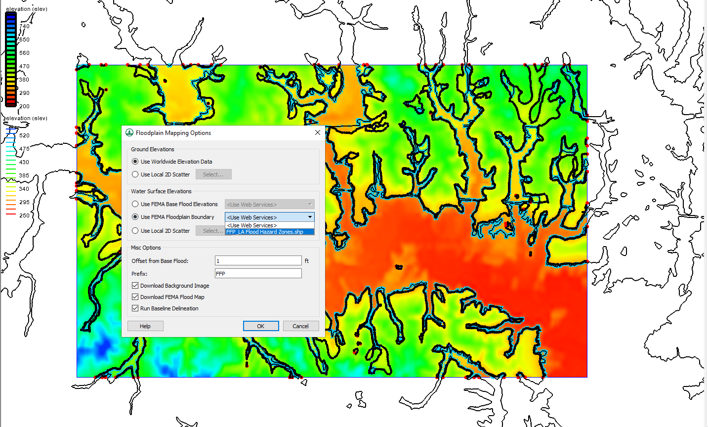 Example of using a shapefile with the Map Flood tool