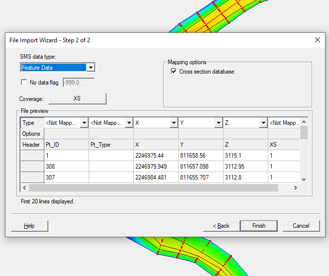 The File Import Wizard for importing a cross section database