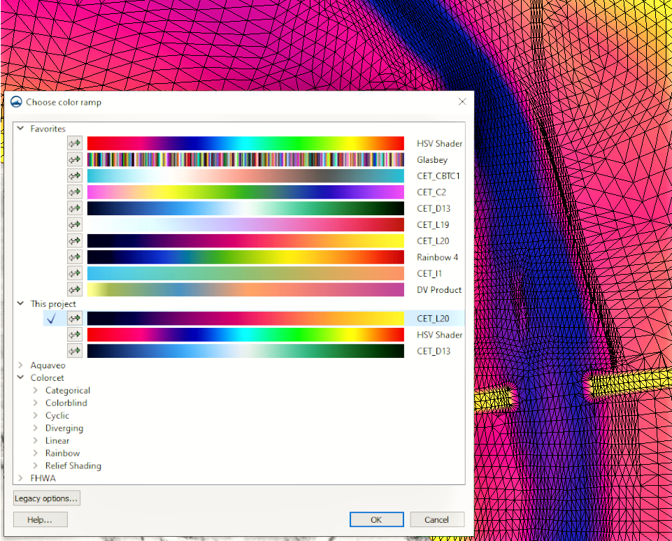 Example of the Choose Color Ramp dialog in SMS 13.3