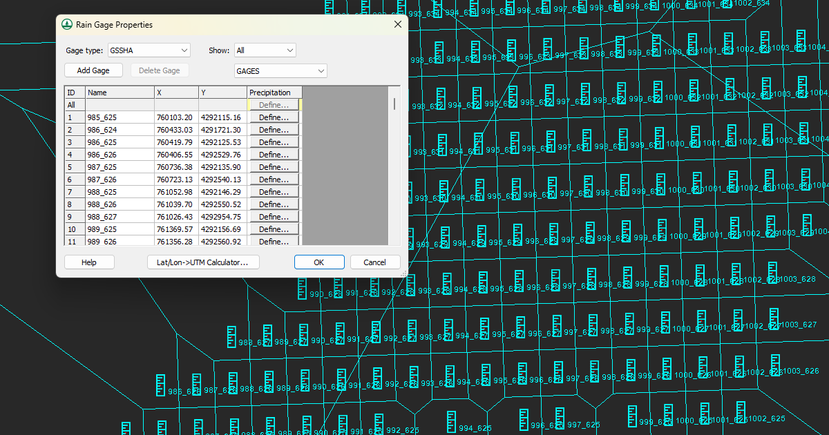 Rainfall gages in WMS